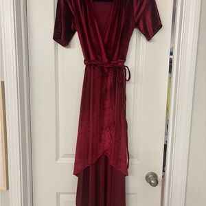 Lulus Amour Wine Red Velvet High-Low Wrap Dress